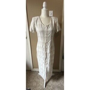 90s Gingham Plaid Button Front Midi Shift Dress Cream Beige Sz 9 Junior Prairie